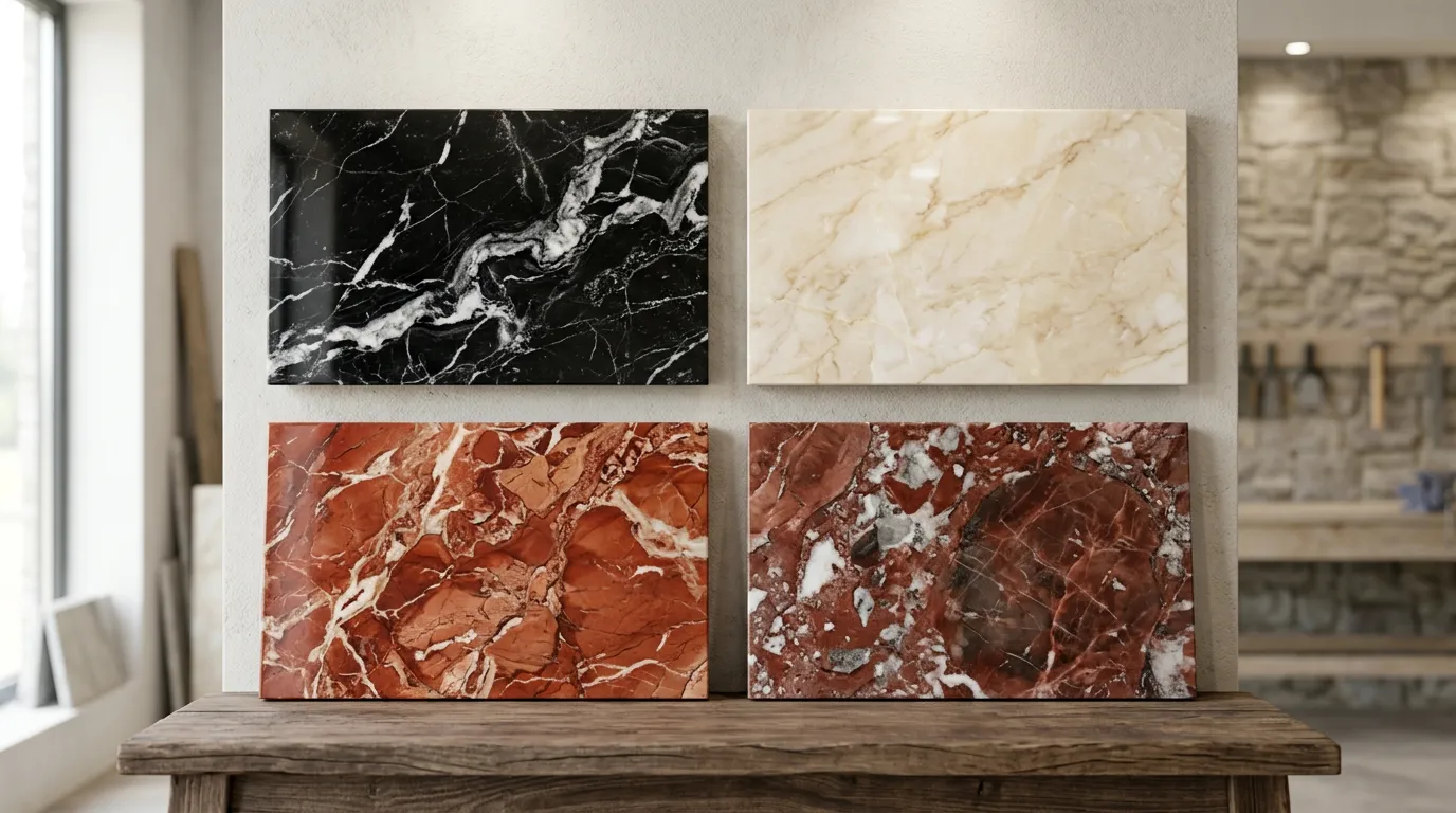 Polished Egyptian marble samples with Marbre Noir black and white veining, Cleopatra warm cream tones, and red marble varieties arranged for comparison, professional lighting