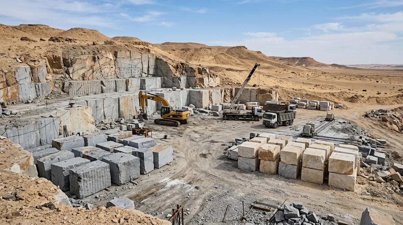 Egyptian stone quarry with extracted marble and granite blocks, quarrying equipment, desert landscape, depicting extraction and sourcing operations